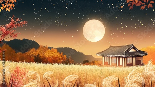 The ancient Korean holiday of Chuseok is celebrated with a thank-you banner and greeting card background with rice ears, a tiled house, and an abundant autumn full moon.