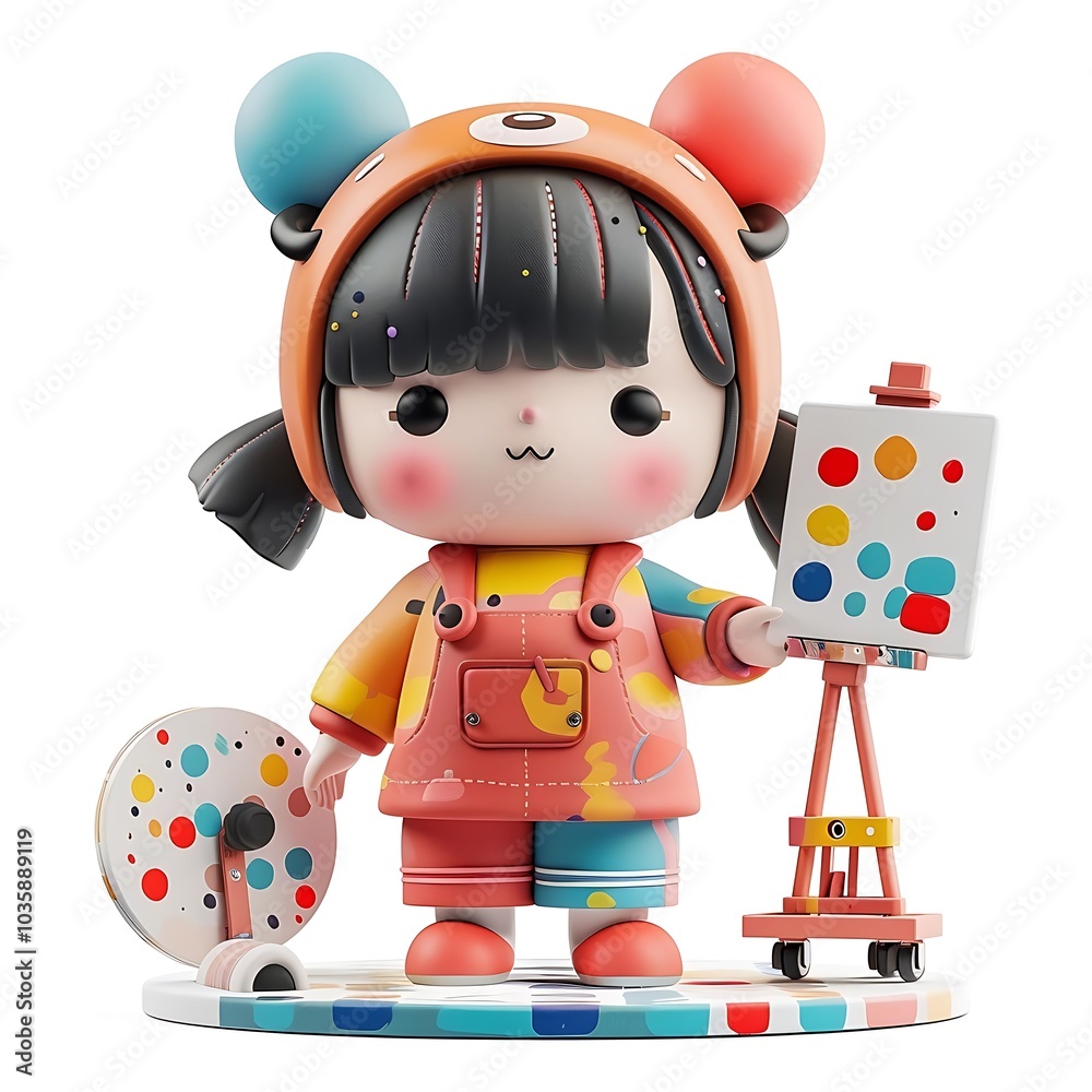 Cute Cartoon Girl Artist with Easel and Paint Palette
