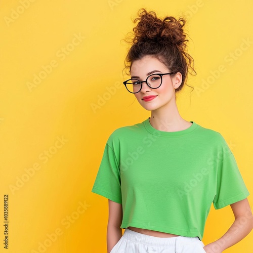 Girl in green crop t-shirt, studio mockup, vibrant background, fashion style