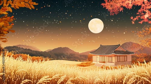 The ancient Korean holiday of Chuseok is celebrated with a thank-you banner and greeting card background with rice ears, a tiled house, and an abundant autumn full moon.