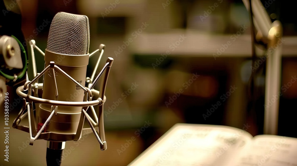 Close-up of microphone on stand in soundproof recording studio, positioned in front of script stand, symbolizing voice acting and audio production. Close-up of microphone on stand in soundproof recording studio, positioned in front of script stand, symbolizing voice acting and audio production.