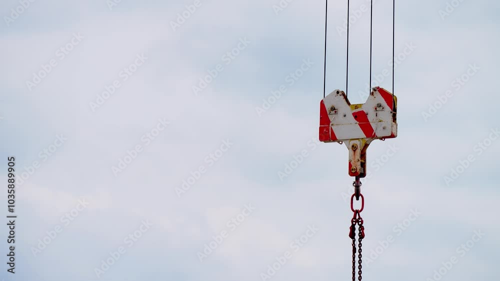 Lockdown shot crane hook block hanging on wire rope slings against clear sky. Work at height. Close up view of tower crane at construction site Lockdown shot crane hook block hanging on wire rope slings against clear sky. Work at height. Close up view of tower crane at construction site
