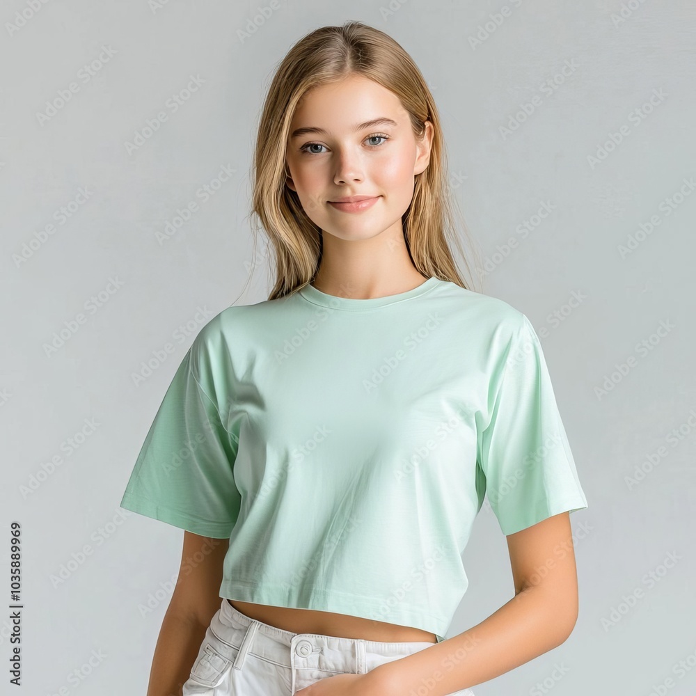 Girl wearing mint green crop t-shirt, clean studio, fashion mockup Girl wearing mint green crop t-shirt, clean studio, fashion mockup