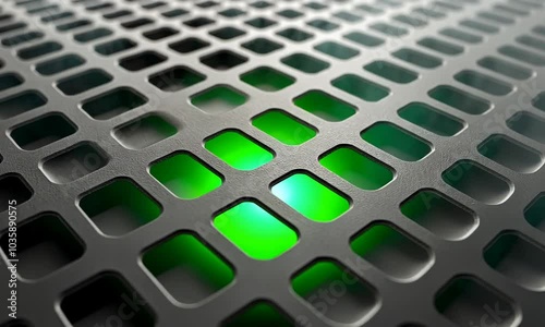 black matte 3D panel with a pattern of squares with internal glow