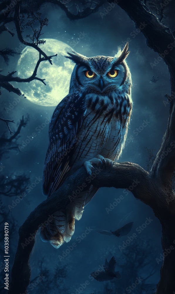 A majestic owl perches on a branch under a full A majestic owl perches on a branch under a full