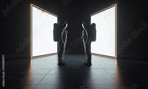 astronauts in spacesuits stand against a background of white screens, a rocket takes off against the background