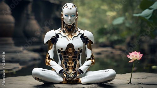 robot on a stone in the lotus position
