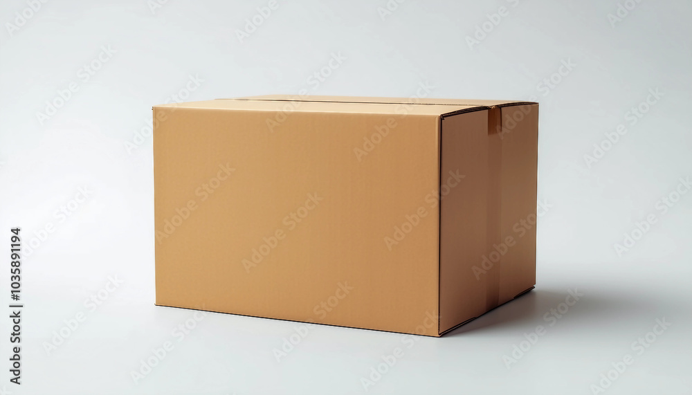 Minimalist blank cardboard box isolated on a white background with soft shadows