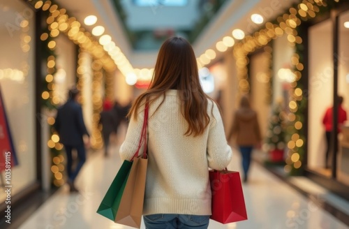 young woman walking through shopping center.girl dressed in white sweater, she holding bags with Christmas shopping. Moll interior decorated New Year, Christmas, festive bokeh.concept winter holiday photo