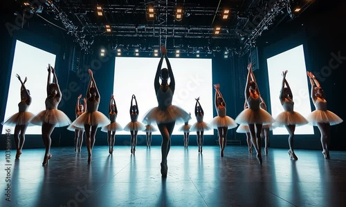 women dancing ballet on the background of a large white screen