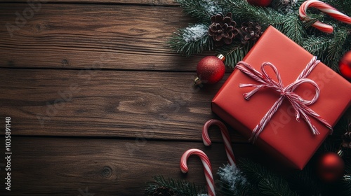 Christmas gift box with candy canes and pine decorations on rustic wooden table. Festive background for the holidays.