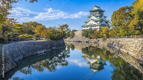 Tenshu, the main keep of Osaka Castle. Osaka Castle is a Japanese castle located in the Chuo neighborhood of Osaka, Japan's old city. It's among Japan's most well-known castles.  photo