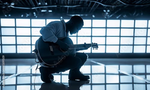a man plays a guitar on a background of white screens