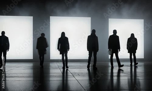 mockup, silhouettes of people walking on the background of white screens
