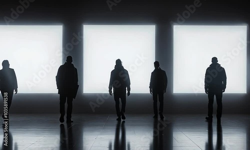 mockup, silhouettes of people walking on the background of white screens