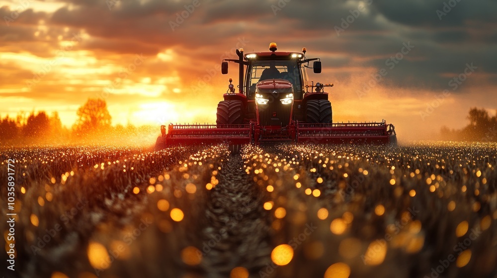 A red tractor plows a field at sunset, with the sun creating a warm glow and bokeh effect on the field. A red tractor plows a field at sunset, with the sun creating a warm glow and bokeh effect on the field.