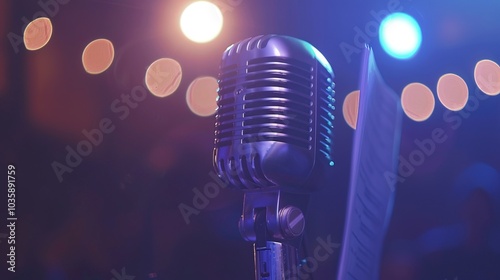 Close-up of microphone on stand in soundproof recording studio, positioned in front of script stand, symbolizing voice acting and audio production.