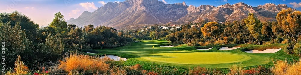 Stunning Golf Course Landscape Surrounded by Majestic Mountains Stunning Golf Course Landscape Surrounded by Majestic Mountains