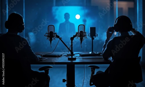 podcast recording studio and silhouettes of people