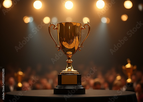 Golden trophy shines brightly under lights at podium awards ceremony today.
