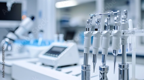 Precision lab tools in focus on a white laboratory bench, captured with clarity and high definition