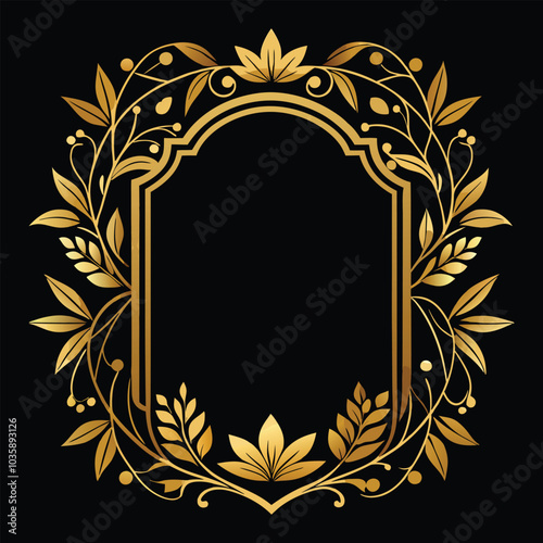 An ornate gold border A decorative picture frame with a sleek black background . Ai Generated