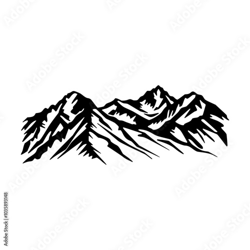 Black-and-white illustration of a rugged mountain range with sharp peaks and valleys, perfect for nature, adventure, or outdoor-themed designs.