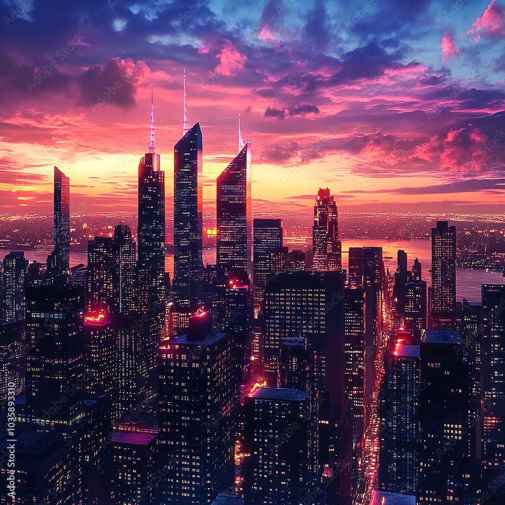 Fototapeta premium Realistic City Skyline at Sunset with Vibrant Colors