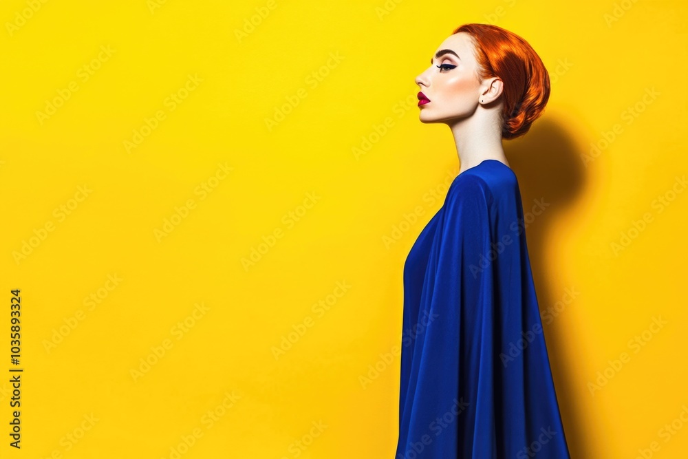Elegant redhead in blue attire against bold yellow background Elegant redhead in blue attire against bold yellow background