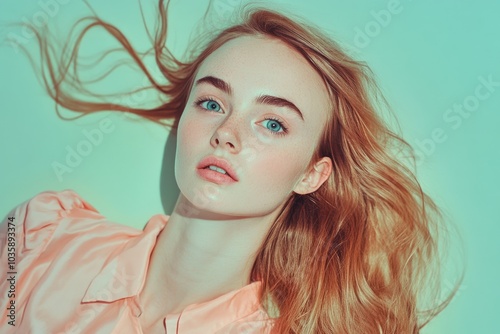 Youthful elegance: portrait of a woman with flowing hair in peach blouse