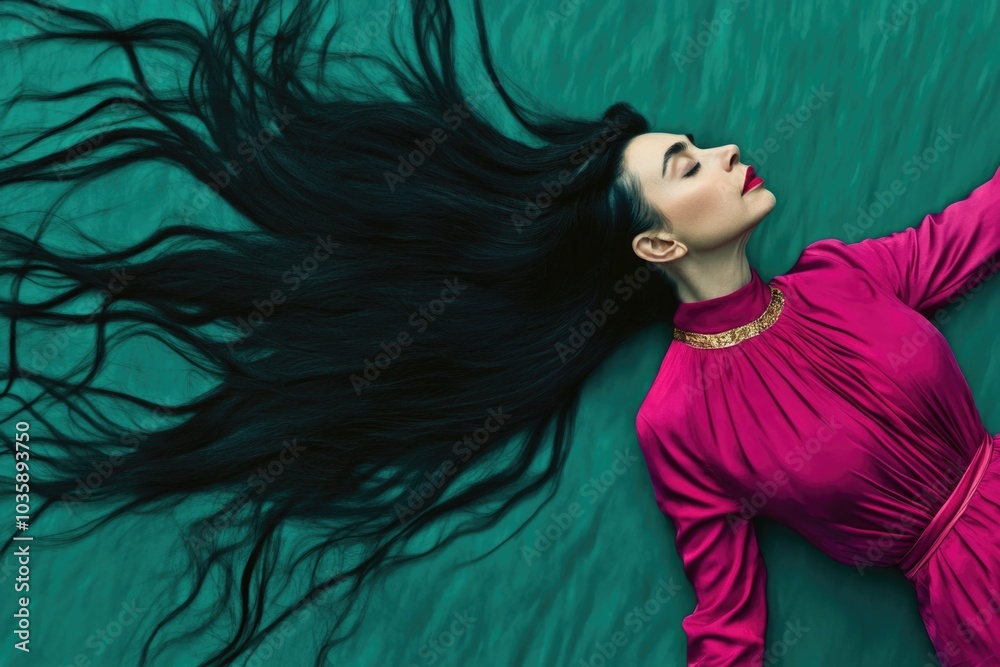 Elegant woman in pink dress with flowing black hair on teal background Elegant woman in pink dress with flowing black hair on teal background