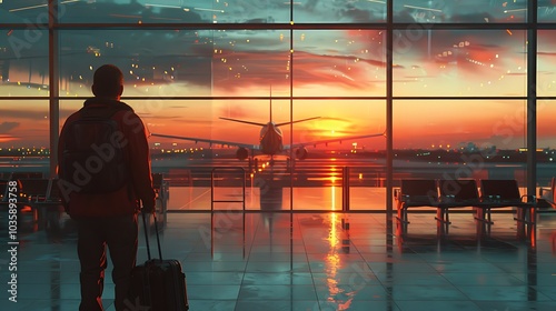 "Traveler in Airport Observing a Plane Taking Off: Capturing the Excitement of Departure and the Spirit of Adventure, Highlighting the Journey Ahead and the Thrill of Exploration"