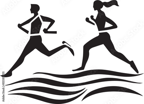Simple logo of two man running runners and woman front view minimalist sea aesthetic for a running race on a white background
