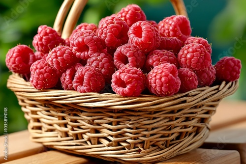 A rustic basket filled with freshly picked Wine Raspberries, sitting on a wooden bench