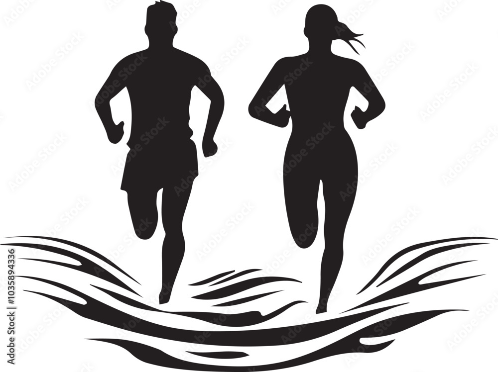 Simple logo of two man running runners and woman front view minimalist sea aesthetic for a running race on a white background
Simple logo of two man running runners and woman front view minimalist sea aesthetic for a running race on a white background