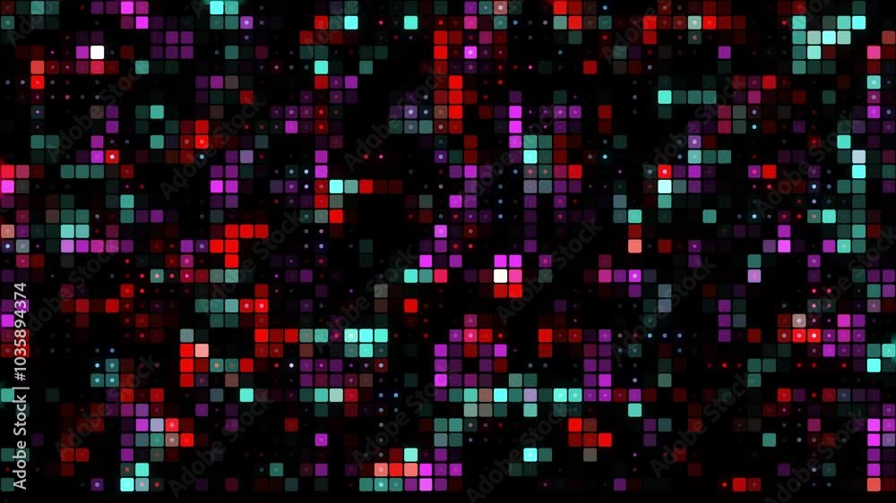 Abstract background in motion on a black background. The background consists of red violet and blue squares and dots Abstract background in motion on a black background. The background consists of red violet and blue squares and dots