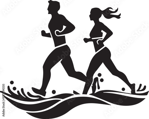 Simple logo of two man running runners and woman front view minimalist sea aesthetic for a running race on a white background
