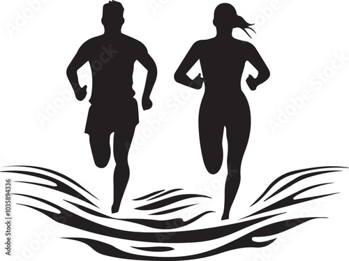 Simple logo of two man running runners and woman front view minimalist sea aesthetic for a running race on a white background
