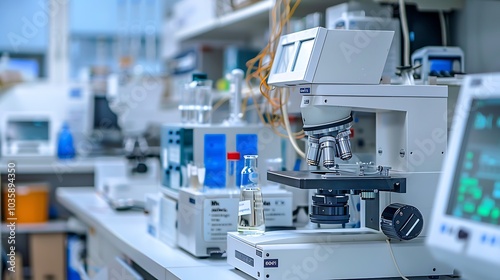 Scientific equipment in a lab setting, photographed in high resolution, highlighting the precision of the instruments