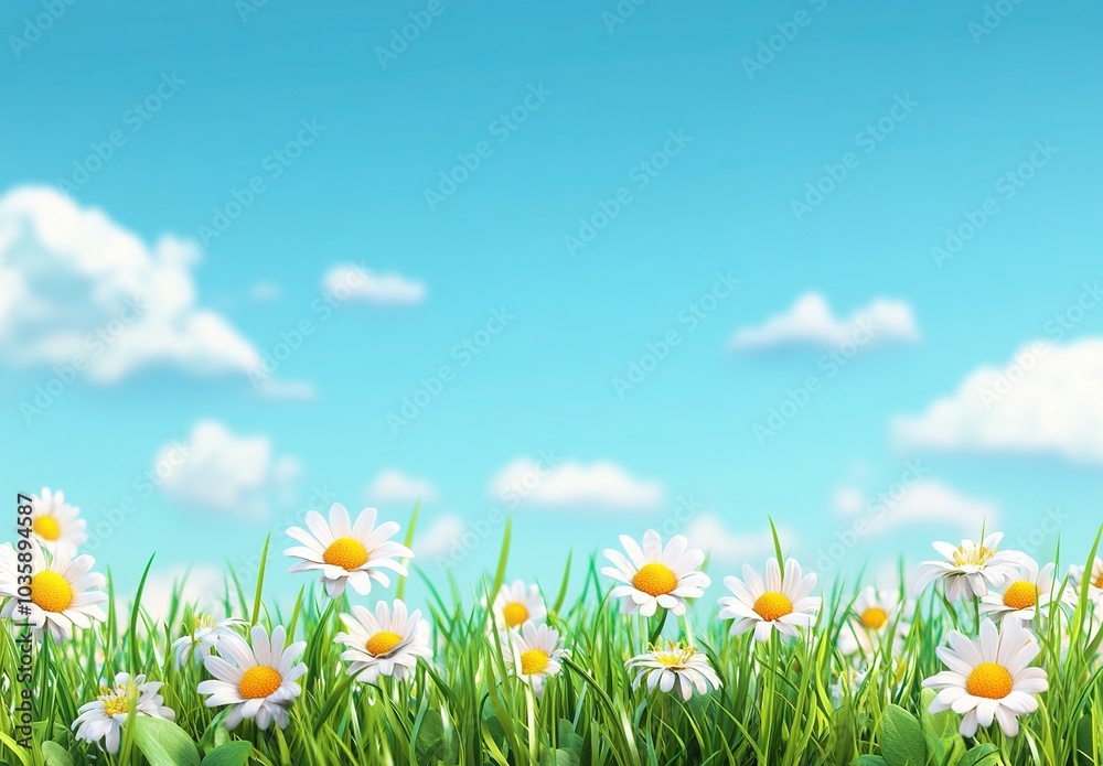 Spring landscape with blue sky, green grass, and daisies, nature banner on a sunny day Spring landscape with blue sky, green grass, and daisies, nature banner on a sunny day