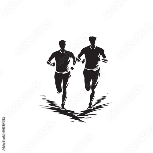 Simple logo of two man running runners and woman front view minimalist sea aesthetic for a running race on a white background
