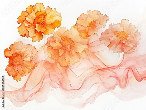 
Marigold flowers in light coral and orange dense smoke, a fantastical abstract watercolor by Tarsila do Amiral