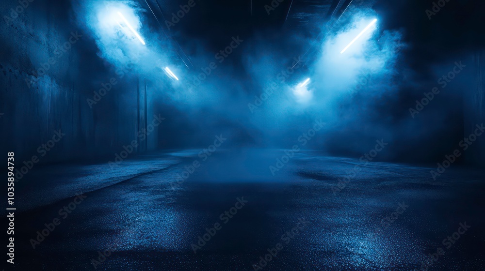 A dark, smoky hallway with blue neon lights illuminating the path. A dark, smoky hallway with blue neon lights illuminating the path.