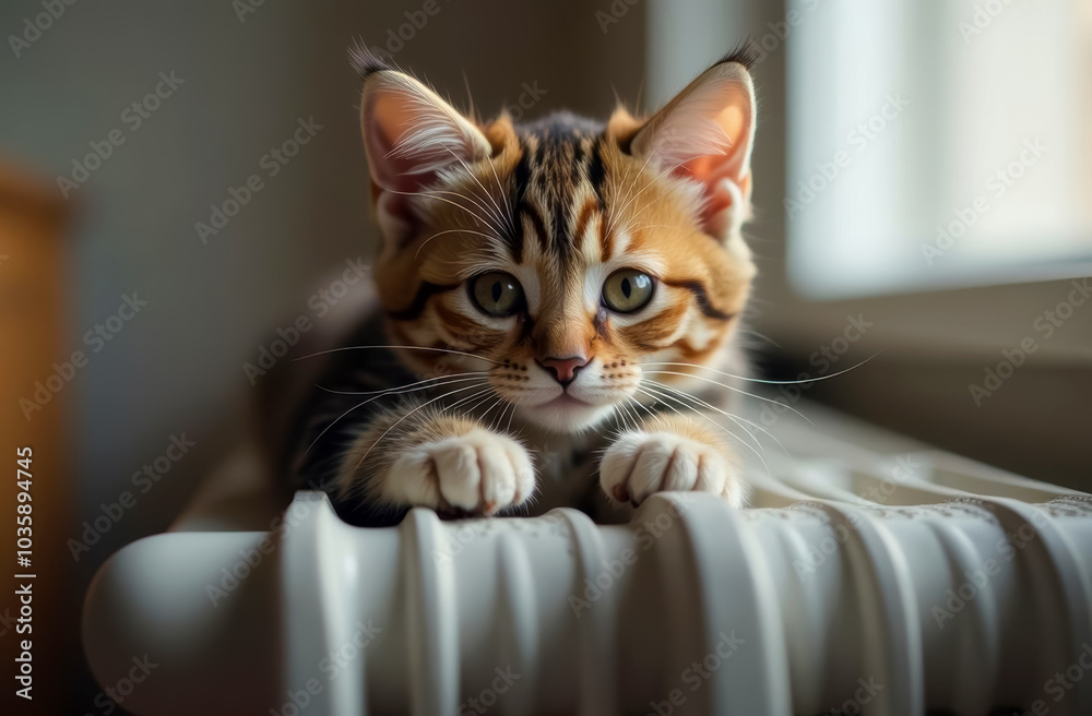 Obraz premium striped ginger cat lies and warms itself on a water heating radiator near the window