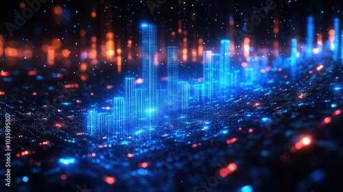 Stock market data with digital and holographic elements, for a futuristic approach