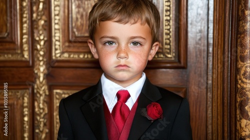 Serious young boy in elegant suit with red rose boutonniere and ornate wooden background