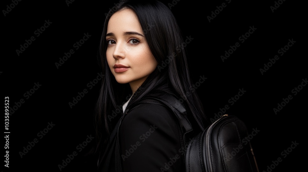 Confident young woman with long black hair and backpack against dark background Confident young woman with long black hair and backpack against dark background