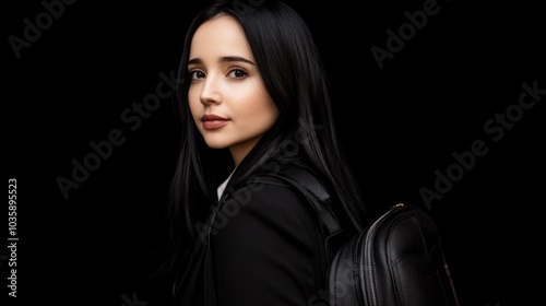 Confident young woman with long black hair and backpack against dark background