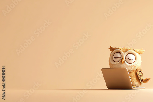 Tiny owl in a business suit, sitting with a laptop and coffee, 3D illustration photo