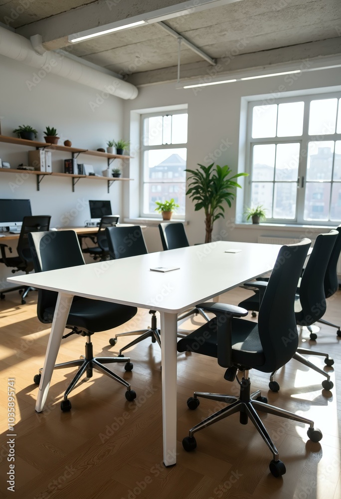 Modern bright office interior, sunlight through large windows, white table and black chairs, minimalist workspace, concept of productivity and success. Modern bright office interior, sunlight through large windows, white table and black chairs, minimalist workspace, concept of productivity and success.